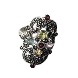 Vintage Sterling Silver Marcasite Ring with Multiple Gemstones